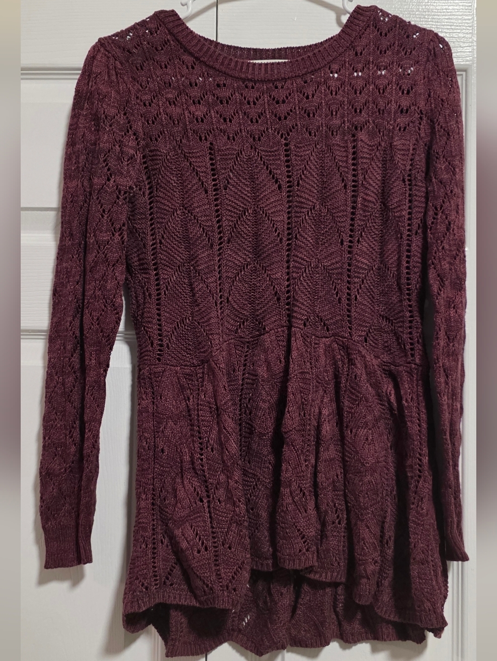 Grace & Lace Wine Pointelle Peplum Sweater